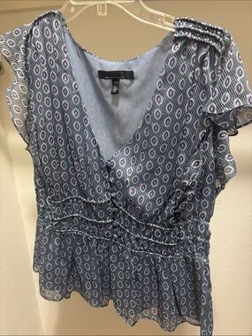 WHBM Blue Printed V-Neck Ruffle-Sleeve Blouse